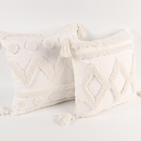 

pillow case nordic boho minimalist white throw wave striped tufted textured decorative square cushion cover with tassels
