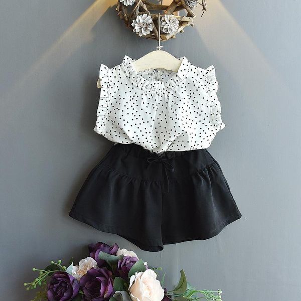 

korean style children's suit girls' summer polka dot chiffon shirt black culottes cute fashion two-piece clothing sets, White