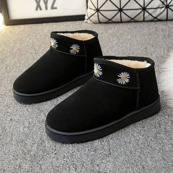 

boots ladies winter embroidered flower suede shoes thick warm plush lining ankle boot for women, Black