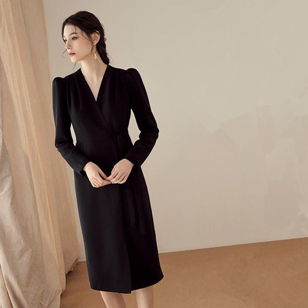 

casual dresses women's dress spring fashionable temperament slim v-neck long sleeve mid-length retro female recommend, Black;gray