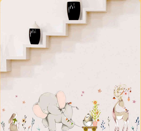 Glückliches Baby Elefant Hase Rehkitz Wandaufkleber Kinder Baby Zimmer Dekor Kunst Kinderzimmer Wandbild Cartoon Tiere Aufkleber Startseite Tapete 210420