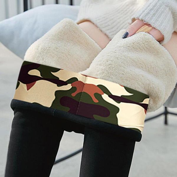 

women's leggings winter women velvet warm pants hight waist camouflage splicing comfortable keep stretchy legging, Black