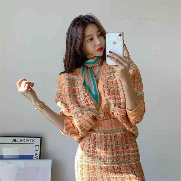 

women's two piece pants autumn winter women set sweater fashion loose plaid knitting cardigans+skirt female set ensemble femme 2 piÃ¨ces, White