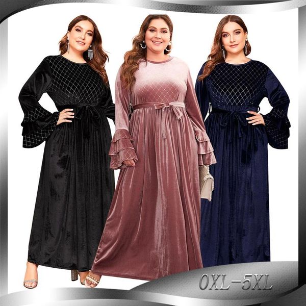 

ethnic clothing bianfeng women's muslim fashion plus size abaya gilded trumpet sleeve velvet casual dress long skirt, Red