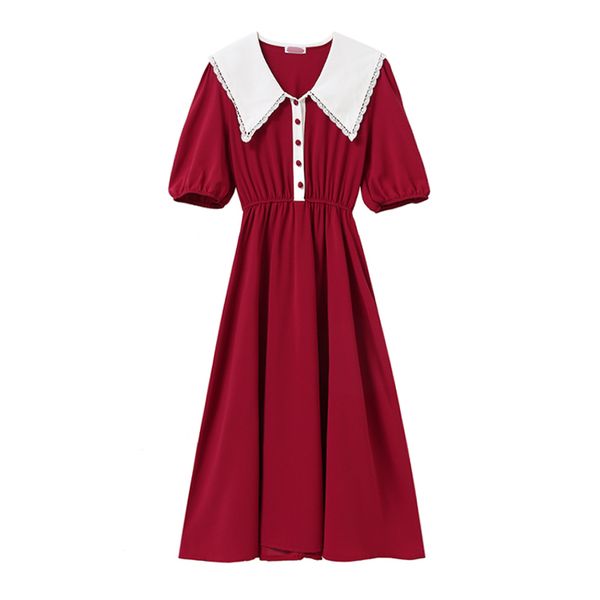 

women sailor collar red gray solid mid-calf midi dress button short sleeve sweet d1596 210514, Black;gray