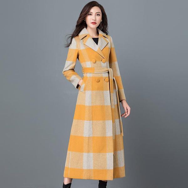 

women's wool & blends 2021 plaid coat womens long jacket england style ladies outwear double breasted s/xxxl, Black