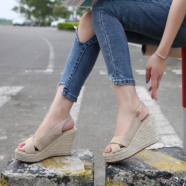 

women's shoes 10cm high straw wedges heel sandals woman platform green 4n1u, Black