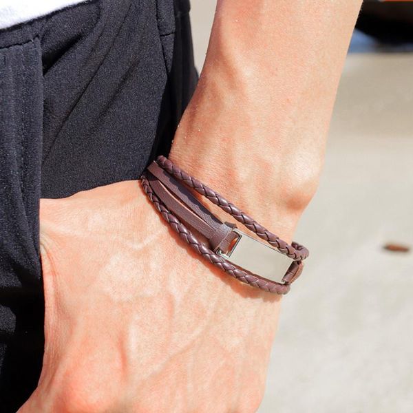 

charm bracelets fashion hand-woven multi-layer leather bracelet magnetic black men braided punk rock bangles jewelry accessories, Golden;silver