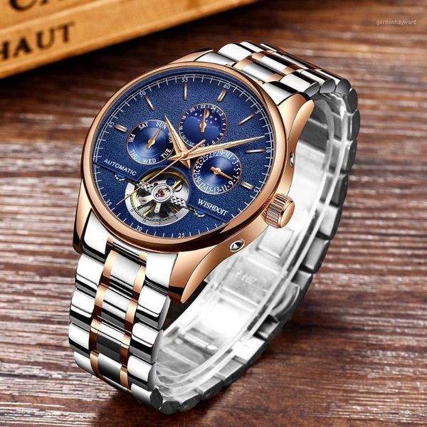 

luxury men's watches hollow moon phase luminous calendar waterproof wrist military automatic mechanical watch wristwatches, Slivery;brown