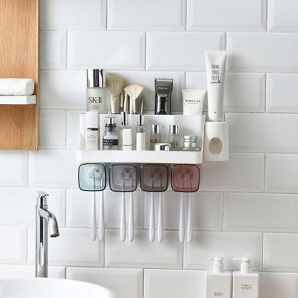 

bath accessory set multifunctional toothbrush holder automatic toothpaste dispenser no drill wall-mounted space-saving storage bathroom