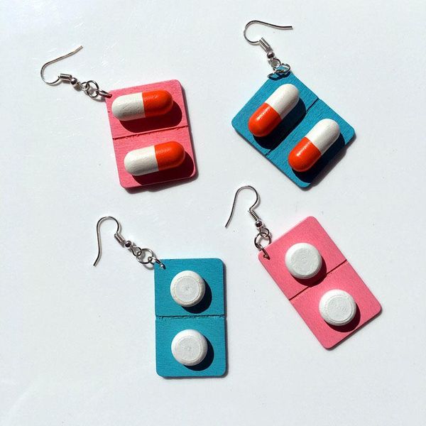 

stud handmade jewelry earrings cute girl heart wooden pills funny exaggerated hypoallergenic ear hook clip, Golden;silver