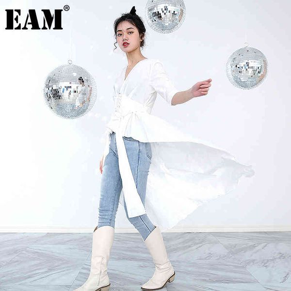 

[eam] women white irregular belt striped dress round neck half sleeve loose fit fashion spring summer 1dd235400 21512, Black;gray