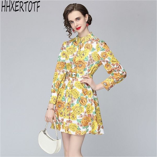 

spring summer fashion temperament casual women stand collar long sleeve floral print slim elegant dress 210531, Black;gray