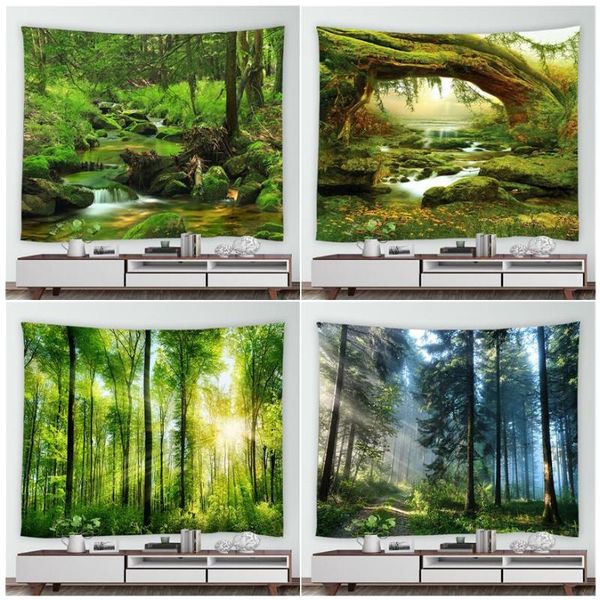 

tapestries green forest tapestry misty tree waterfall rural natural landscape wall hanging home scenery picnic mat mural blanket
