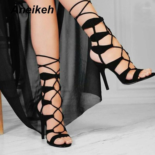

boots aneikeh fashion basic women high heels pumps flock hollow out mesh lace-up cross-tied summer sandals shoes1, Black