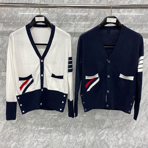 

2021 spring and autumn new tb four bar pocket tricolor stripe v-neck knitted wool cardigan jacket women, White;black