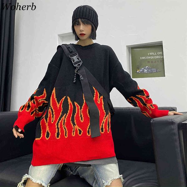 

flame jacquard knitwear women' men sweater hip hop pullover harajuku streetwear sueter mujer knitted jumper pull femme 210417, White;black