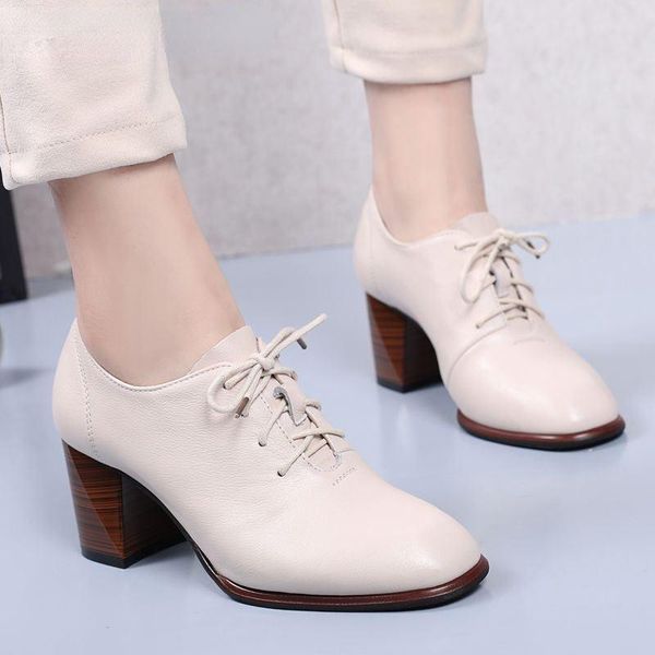 

dress shoes toacek genuine leather women pumps high heels lace up ladies spring thick heel zapatos de mujer, Black