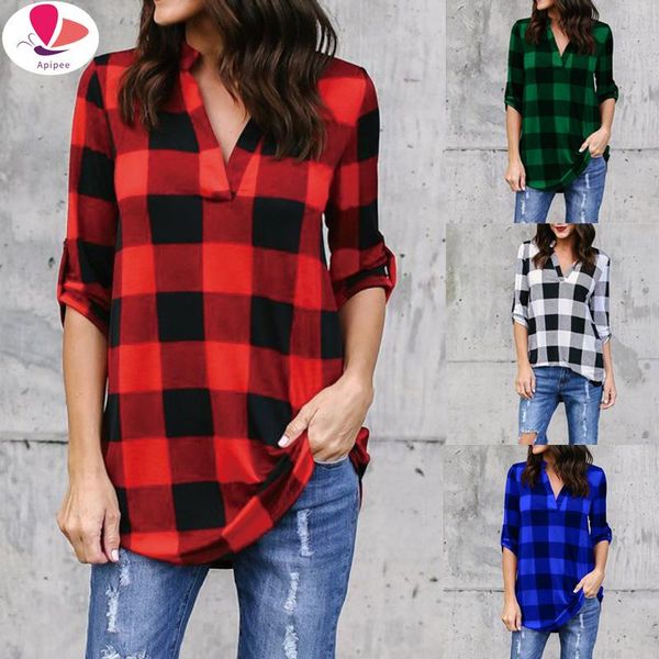 

women's blouses & shirts 2021 women autumn casual plaid shirt for and long sleeve red ladies, White