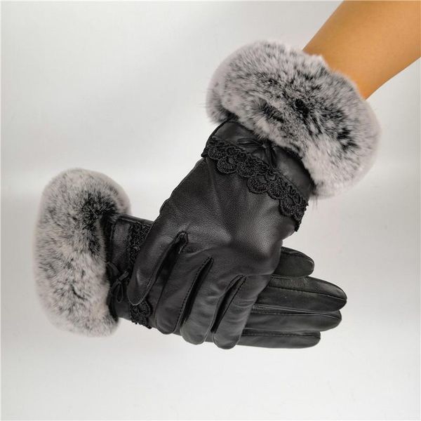 

fingerless gloves leather women warm autumn winter soft decoration rex fur wrist coral velvet thick real elegant, Blue;gray