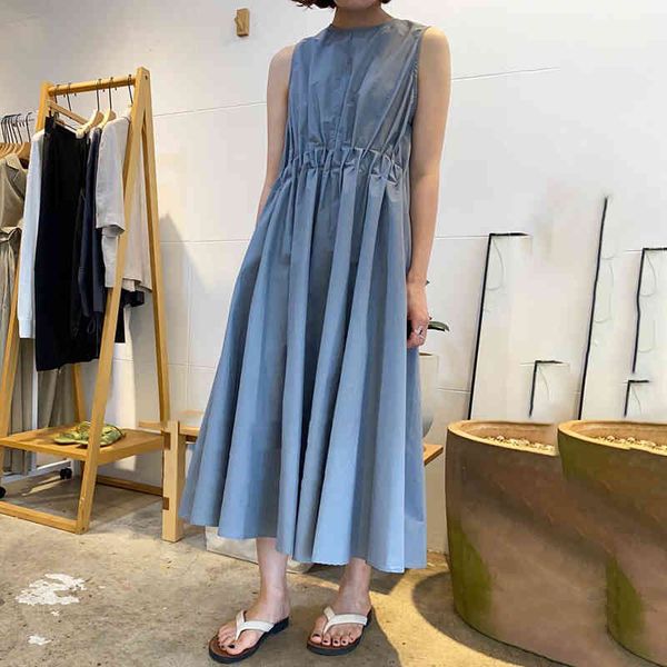 

[ewq] spring female loose casual round neck solid color single breasted sleeveless minimalist blue pleated vest dress 8y969 210423, Black;gray