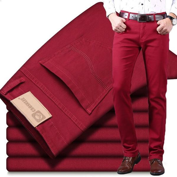 Calças de brim dos homens primavera e verão vinho vermelho moda casual boutique negócios em linha reta denim estiramento calças marca