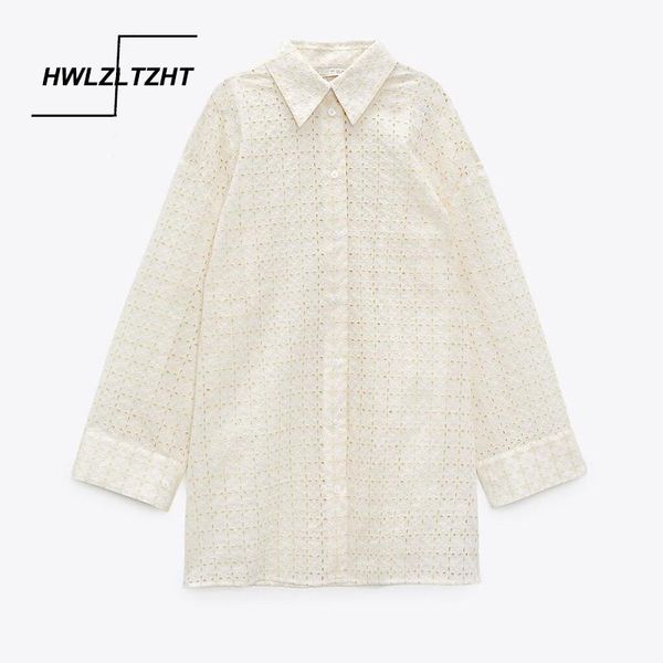 

women's blouses & shirts hwlzltzht women shirt 2021 hollow embroidery long casual plus size clothing turn-down collar loose top, White