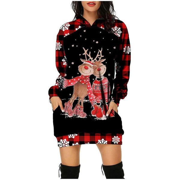 

casual dresses christmas straight dress women printed hoodie bag hip pocket women's elegant long sleeve vestidos, Black;gray