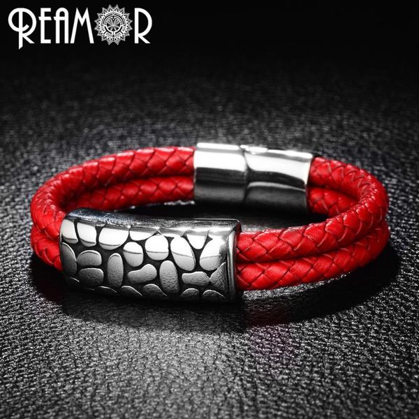 

charm bracelets reamor 316l stainless steel bead male red double braided leather charms bracelet & bangles trendy men women jewelry, Golden;silver