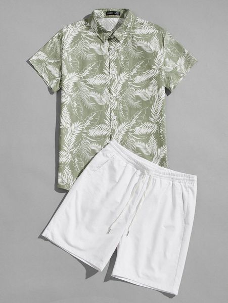 

men collared tropical print shirt & shorts set k0zl#, Gray