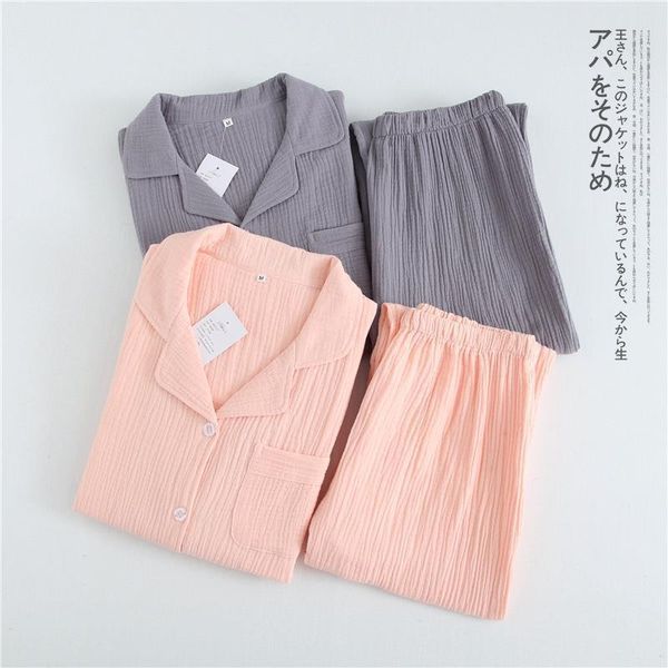 

autumn couples solid cotton crepe womens sleepwears pajama set long sleeve pants sleepwear men and pajamas two piece nightwear, Black;red