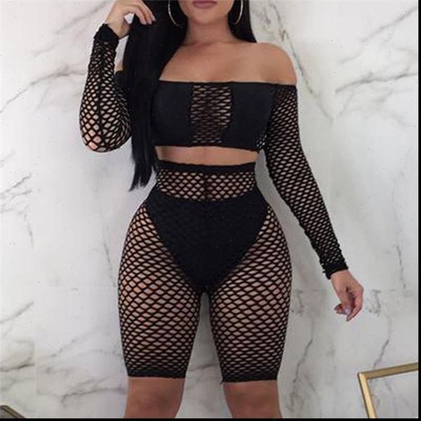 

fashion crochet mesh long sleeve women tracksuits see through fishnet crop night shorts bottoms set, Gray