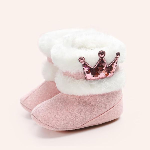 

first walkers 0-12m baby girl boots born infant girls winter warm crown fur mid-calf length slip-on furry princess shoes