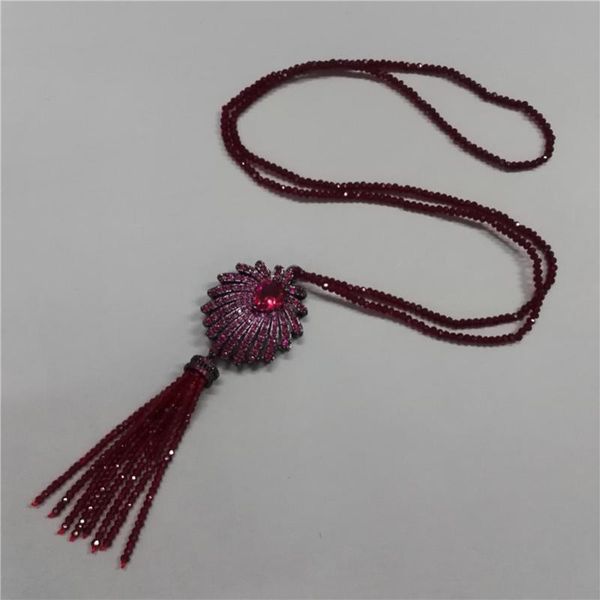 

boho wine red glass beaded tassel with gun black cz crystal palm tree charm pendant beads women chain necklace necklaces, Silver