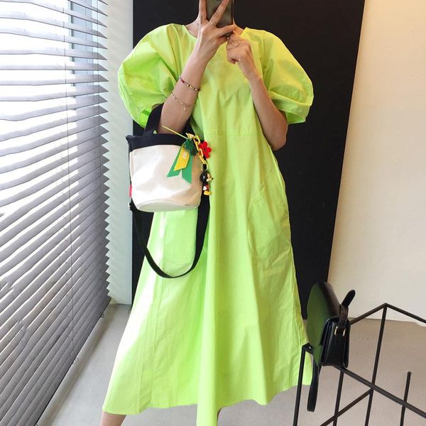 

casual dresses [ewq] women korea elegant minimalist blue o-neck loose puff sleeve purple robe dress big size summer 2021 16f0976, Black;gray