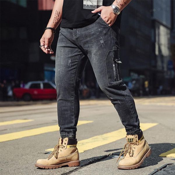 

men's jeans fashion all-match plus size stretch fat feet pants trousers, Blue