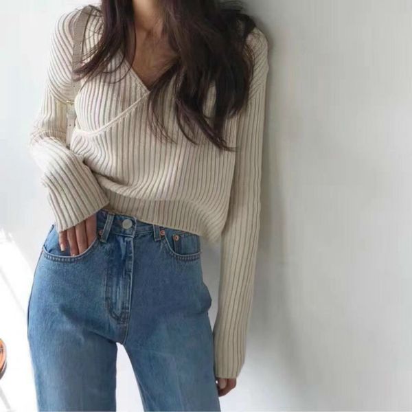 

women's knits & tees v neck stripe short knitting women sweater criss-cross fashion long sleeve casual autumn winter female pullov, White