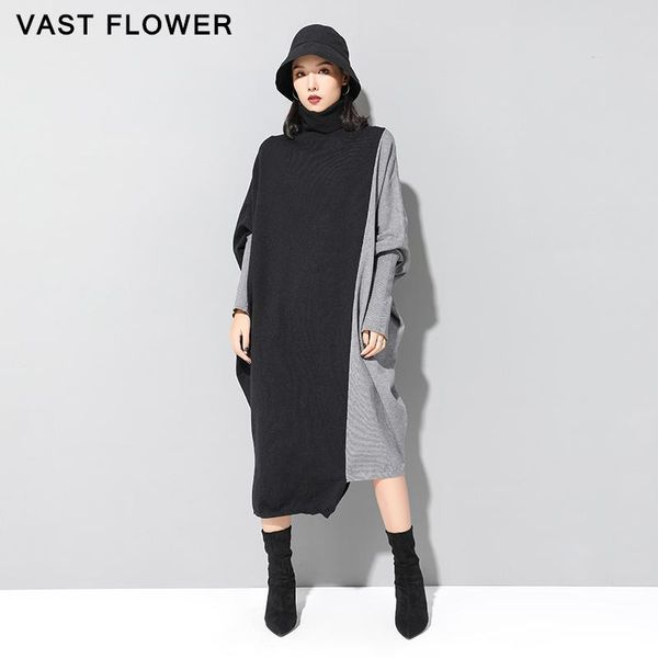 

casual dresses plus size contrast color kinitted dress women turtleneck batwing sleeve loose clothes 2021 fashion spring winter sweater, Black;gray