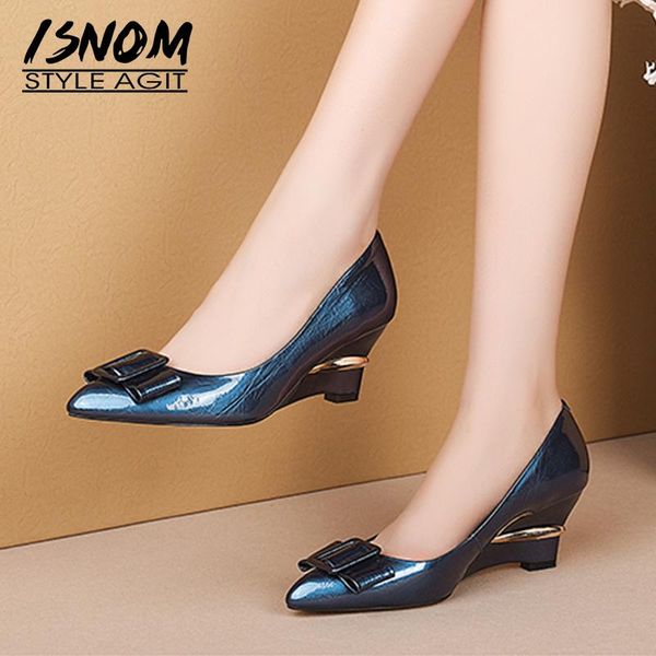 

genuine leather pumps women wedges high heels shallow shoes female pointed toe buckle ladies autumn 2021 dress, Black