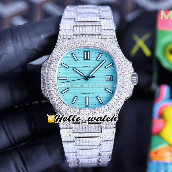 

2022 twf 5711/1a-018 paved diamonds 324sc a324 automatic mens watch 170 anniversary 5711 blue texture dial tiffan9 stick markers fully iced, Slivery;brown