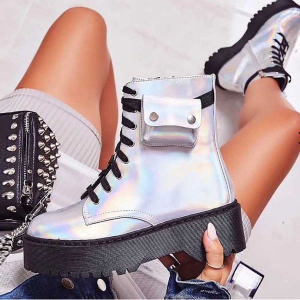 

boots reflective fancy color height increasing thick bottom women ankle with pockets side zip lace up booty silver, Black