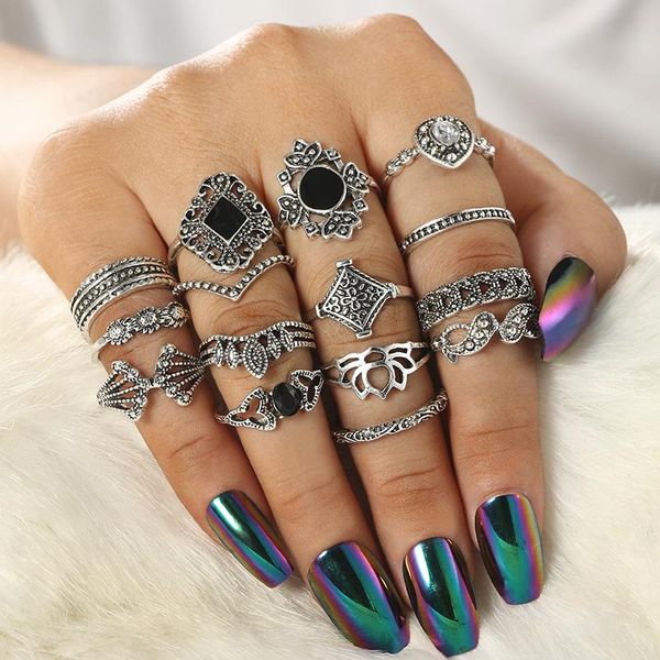 

cluster rings 15-piece jewelry ring personality trendy hollow lotus geometric black gem for women gothic stainless steel whole sale, Golden;silver