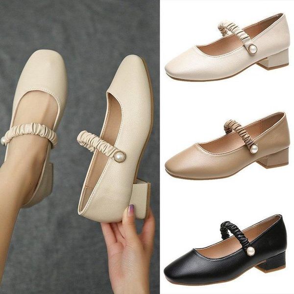

sandals thick heel mary jane shoes women retro summer fashion single hepburn style mid-heel design women's, Black