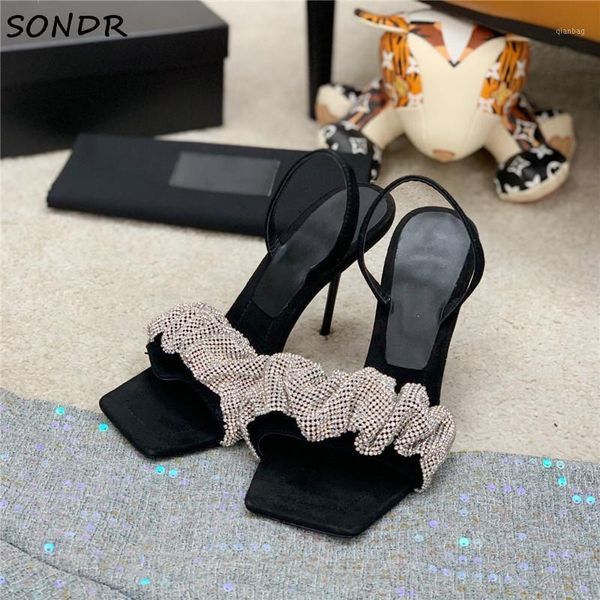 

sandals fashion crystal pleated high heels women ladies square toe black wedding shoes summer rhinestone party 20211