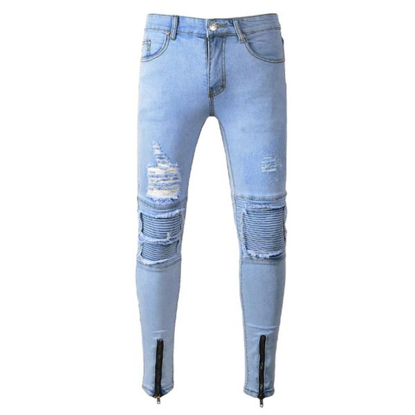 

men's jeans fashion all-match light color motorcycle ripped leggings, Blue