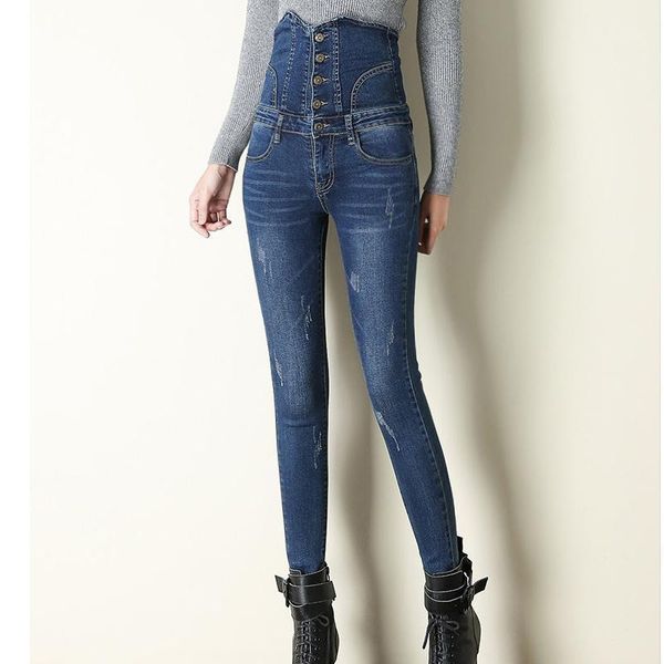 

women's jeans super high waist for women push up plus size black skinny woman buttons long elastic denim pencil pants work1, Blue