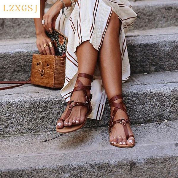 

sandals vintage flat heel women leather cross strap beach lady fashion brown thong shoes female plus size 43 summer, Black