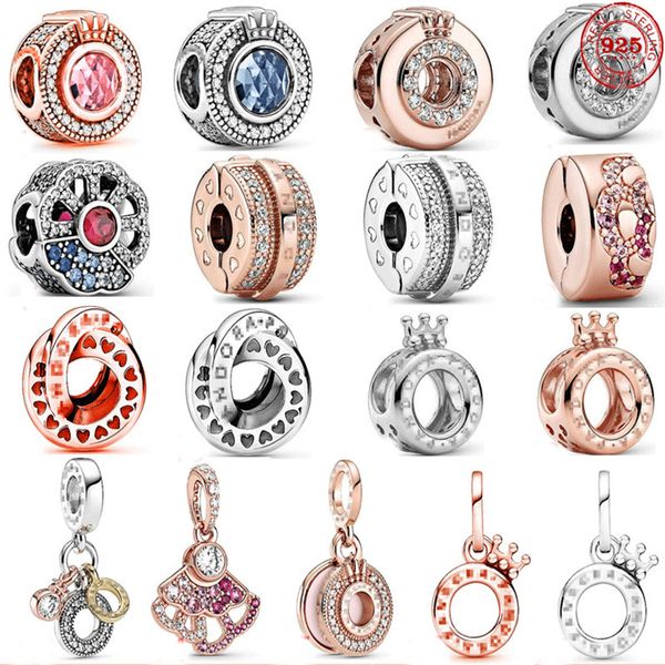 Echter 925er Sterlingsilber-Charm, Roségold, Krone, Buchstabe, fächerförmige Perlen, geeignet für Pandora-Armband, DIY-Damenschmuck