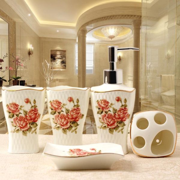

bath accessory set 5pcs/set ceramic bathroom supplies wedding kit soap dish tray mouth cup dispenser