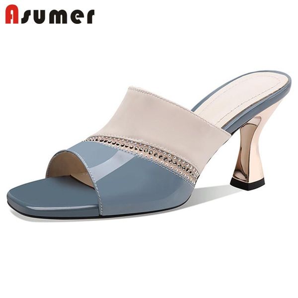 

slippers asumer 2021 patent leather slipper women shoes mixed colors elegant thin high heels party, Black